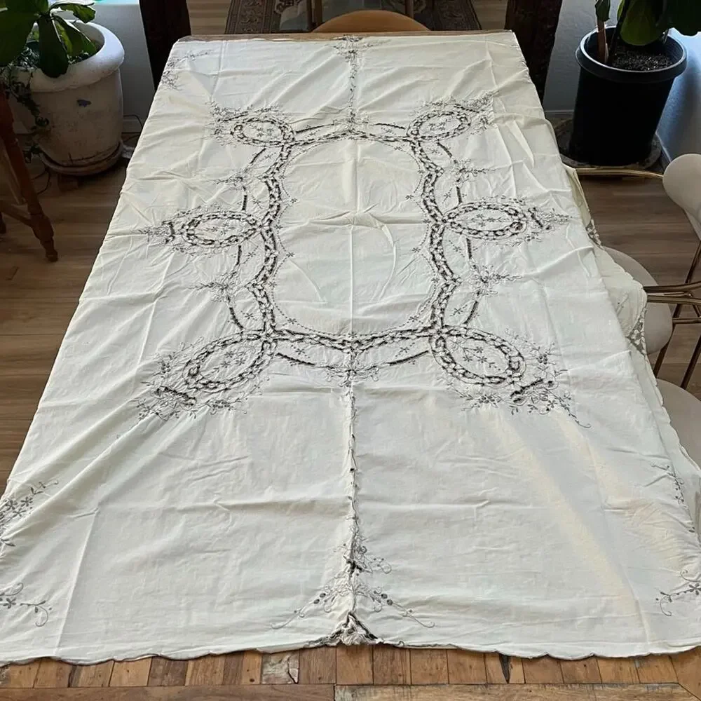 Vintage Ivory Linen Tablecloth 78” X 61” Floral Cutwork Madeira Embroidery